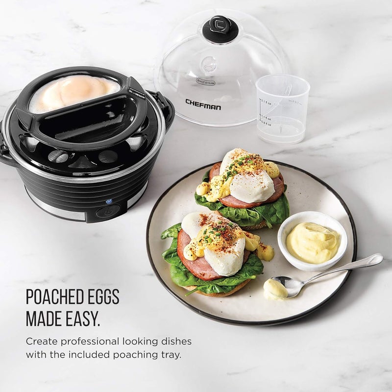 Chefman Egg-Maker Rapid Poacher, Food & Vegetable Steamer, Quickly Makes Up to 6, Hard, Medium or Soft Boiled, Poaching/Omelet Tray Included, Ready Signal, BPA-Free, BLACK - Image 5